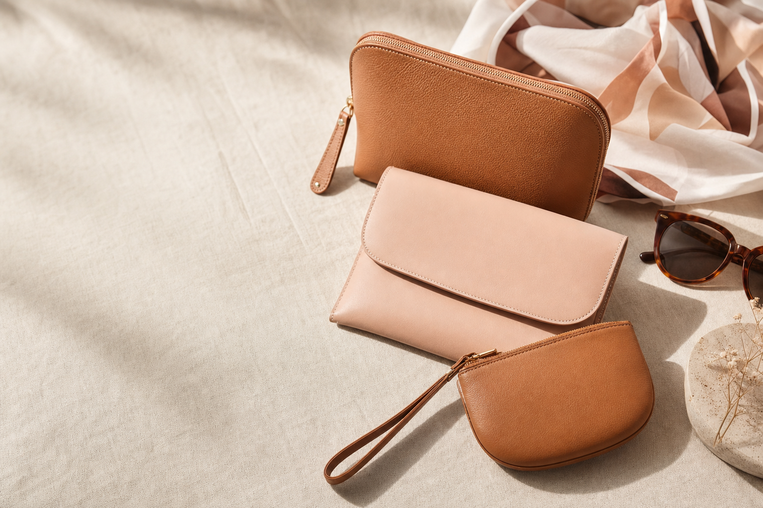 A tan zip pouch, blush flap clutch and tan wristlet wallet arranged on cream linen